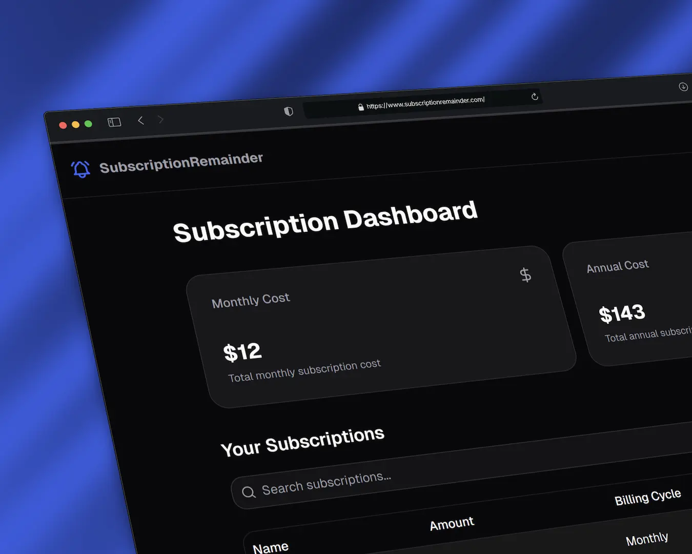 Subscription Manager Dashboard preview showing analytics and subscription tracking interface